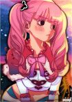  1girl black_eyes blush coat highres long_hair looking_to_the_side maewenmitzuki one_piece perona pink_hair pink_ribbon red_coat ribbon shirt solo striped_clothes striped_thighhighs sunlight thighhighs twilight twintails white_shirt 