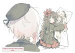  2girls beret black_dress black_hair black_hat black_shirt body_pillow dakimakura_(object) dress flower hair_flower hair_ornament hat holding holding_pillow long_hair mahou_shoujo_no_majo_saiban multiple_girls nikaido_hiro pillow pink_hair red_eyes red_flower red_skirt sakuraba_ema shirt short_hair shrimkii simple_background skirt white_background white_hair 