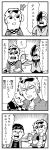  4koma anger_vein bangs bkub blank_eyes caligula_(game) closed_eyes comic commentary_request emphasis_lines eyewear_on_head fingerless_gloves gloves greyscale hair_over_one_eye halftone hand_in_pocket highres holding_scarf ike-p jacket medal monochrome multicolored_hair multiple_boys neckerchief pushing satake_shougo school_uniform shaded_face shirt short_hair simple_background speech_bubble sweatdrop talking tomoe_kotarou_(caligula) translation_request two-tone_hair white_background 