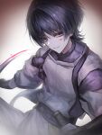  1boy absurdres armor arms_at_sides blood blood_on_face blunt_ends bow choppy_bangs clothing_cutout genshin_impact grin hair_intakes highres holding holding_sword holding_weapon japanese_armor japanese_clothes kariginu kimono kote kurokote layered_sleeves looking_at_viewer male_focus pants pelvic_curtain purple_bow purple_eyes purple_kimono purple_sash purple_sleeves red_pupils sash scaramouche_(genshin_impact) scaramouche_(kabukimono)_(genshin_impact) shoulder_cutout side_cutout smile solo sword talking_ok tasuki three-quarter_sleeves tsurime upper_body weapon white_background white_pants white_sleeves 