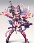  :d animal_ears armored_boots blue_eyes boots cat_ears cat_tail chingisu commentary fake_animal_ears full_body gauntlets gradient gradient_background grey_background japanese_clothes katana kunai long_hair mechanical_ears one_eye_closed open_mouth original purple_hair sheath smile solo standing sword tail twintails v-shaped_eyebrows weapon wide_sleeves 