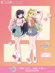  2girls :d aino_minako artemis_(sailor_moon) bag bishoujo_senshi_sailor_moon bishoujo_senshi_sailor_moon_crystal black_bag black_hair blonde_hair blue_bag blue_eyes blue_skirt character_doll commentary_request copyright_name cup denim denim_skirt diagonal-striped_background disposable_cup doll drinking_straw frilled_shirt frilled_skirt frills full_body grey_bag grid_background heart highres hino_rei holding holding_cup long_hair multiple_girls official_art one_eye_closed open_mouth orange_shirt paper_bag pink_bag puffy_short_sleeves puffy_sleeves purple_eyes red_shoes red_trim selfie shirt shoes short_sleeves shoulder_bag skirt smile sneakers socks striped_background striped_clothes striped_shirt taking_picture v white_shoes white_skirt white_socks 