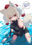  1girl animal_ears breasts commentary_request hat highres inubashiri_momiji large_breasts looking_at_viewer ofuda red_eyes solo souma_sora swimsuit tail tokin_hat touhou water wolf_ears wolf_girl wolf_tail 