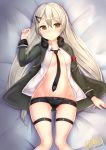  absurdres armband ass_visible_through_thighs bangs bed_sheet belt black_neckwear black_shorts blush breasts buckle closed_mouth collarbone collared_shirt commentary_request embarrassed eyes_visible_through_hair girls_frontline gmkj green_jacket hair_between_eyes hair_ornament hairclip highres jacket long_hair looking_at_viewer lying mg4_(girls_frontline) micro_shorts necktie on_back open_clothes open_jacket open_shirt shirt shorts sidelocks signature silver_hair skindentation small_breasts solo thigh_strap thighs twintails very_long_hair wavy_mouth white_shirt yellow_eyes 
