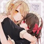  2girls :o ;o black_dress black_hair blonde_hair blush bow dress hair_bow hair_ribbon hasumi_leia highres long_hair mahou_shoujo_no_majo_saiban maid maid_headdress multiple_girls nikaido_hiro one_eye_closed pout red_bow red_eyes ribbon short_hair taimu_(htrgt_31) yellow_eyes yellow_ribbon 