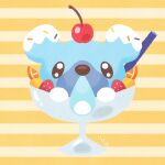  bowl brown_eyes character-themed_food cherry commentary_request cubone food fruit highres no_humans orange_(fruit) pokemon pokemon_(creature) ririko_(nagareboshi) snot sprinkles strawberry yellow_background 