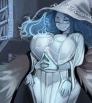  1girl alternate_breast_size_(larger) blue_hair blue_skin bookshelf breasts colored_skin cracked_skin doll_joints elden_ring extra_arms hat highres huge_breasts joints kelvin_hiu one_eye_closed ranni_the_witch robe solo steepled_fingers witch_hat 