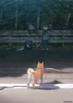  3boys animal baseball_bat broken crt day dog holding holding_baseball_bat leash monokubo multiple_boys object_head original outdoors railing road scenery shade shards shiba_inu standing surreal television tree twitter_username wide_shot 