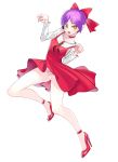  1girl bokuman choke dress gegege_no_kitarou high_heels legs lipstick nekomusume nekomusume_(gegege_no_kitarou_6) purple_hair red_bow red_dress red_footwear solo underwear white_shirt yellow_eyes 