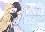  4girls @_@ animal_ears black_hair black_shirt blonde_hair blush chinese_commentary cho_kaguya-hime! closed_eyes commentary_request cover cover_page dual_persona forehead_jewel fox_ears hand_on_another's_cheek hand_on_another's_face hug icpfo1 kaguya_(cho_kaguya-hime!) kiss kissing_cheek lab_coat long_hair long_sleeves medium_hair multiple_girls open_mouth outstretched_arms partially_colored pink_shorts revision runami_yachiyo sakayori_iroha shirt short_hair short_sleeves shorts smile straight_hair tablet_pc translated yuri 