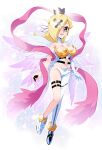  1girl angel angewomon angewomon_(cosplay) bare_shoulders blonde_hair blue_eyes bodysuit breasts cleavage clothing_cutout commentary_request cosplay crown digimon eyelashes feathered_wings full_body gerusyu hair_over_one_eye highres large_breasts mario_(series) mini_crown multiple_wings navel pink_ribbon ribbon rosalina single_leg_bodysuit solo star_(symbol) stomach_cutout strapless_bottom white_background white_bodysuit white_wings wings 