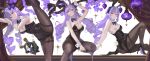  1girl absurdres ahoge animal_ears aniol_art arm_up bangboo_(zenless_zone_zero) bare_shoulders black_leotard black_pantyhose blush bow bowtie breasts character_name cleavage commentary detached_collar drill_hair fake_animal_ears fake_tail flower highres knee_up large_breasts leg_up leotard long_hair looking_at_viewer mole mole_under_eye multicolored_hair open_mouth pantyhose playboy_bunny pointy_ears purple_flower purple_hair rabbit_ears rabbit_tail red_eyes robin_(zenless_zone_zero) sitting solo star_(symbol) strapless strapless_leotard streaked_hair tail tree vivian_banshee white_wrist_cuffs wrist_cuffs zenless_zone_zero 