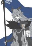  1girl artist_name badge black_coat black_fur black_gloves black_horns closed_mouth coat fingerless_gloves flag fur-trimmed_coat fur_trim gloves grey_fur grey_hair hair_between_eyes head_tilt highres holding holding_flag horns lofter_username long_hair long_sleeves sketch solo standing sunbringer_(zenless_zone_zero) unfinished upper_body wavy_hair white_background yingzhengqizi zenless_zone_zero 