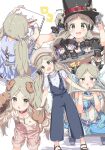  1girl against_railing animal_collar animal_ears animal_hands aqua_bikini beret bikini black_bow black_bowtie black_hat black_jacket black_shoes blonde_hair blue_bikini blue_dress blue_overalls blue_ribbon blush bow bowtie brown_hoodie character_doll character_name chestnut_mouth collar commentary_request dog_ears dog_tail doll drawing_(action) drawing_(object) drawstring dress english_text fluffy_hair frilled_gloves frills frown fur_trim gloves hand_on_headwear handa_roco hat hood hoodie idolmaster idolmaster_million_live! idolmaster_million_live!_theater_days jacket kuresuku_(lessons) leaning long_hair low_twintails makabe_mizuki mary_janes mochizuki_anna multiple_views nagayoshi_subaru nanao_yuriko official_alternate_costume overalls parted_bangs paw_gloves pink_overalls railing red_collar ribbon shirt shoes short_sleeves single_suspender sitting smile striped_clothes striped_shirt sweatdrop swimsuit tail top_hat twintails v-shaped_eyebrows very_long_hair wand wanwan_wonderful_(idolmaster) white_gloves wing_collar yellow_eyes 