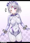  1girl :3 ;3 blush bodysuit breasts commentary_request covered_navel cowboy_shot cuffs curvy grey_hair highres large_breasts looking_at_viewer medium_hair one_eye_closed original plump purple_eyes red_eyes satou_terumasa scar scar_across_eye scar_on_face shackles skin_tight skindentation smile solo symbol-shaped_pupils thighs third_eye 