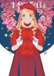  1girl blonde_hair blue_background blue_eyes choker commentary curly_hair dated dress earrings eyelashes flower fullmetal_alchemist gloves happy hat holy_pumpkin jewelry long_hair md5_mismatch number petals pink_flower red_dress ribbon rose smile solo standing two-tone_background upper_body white_background winry_rockbell 