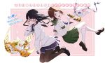  black_hair black_pantyhose blue_skirt brown_eyes brown_hair cat commission digimon digimon_(creature) digimon_adventure_tri. digimon_card_game full_body glasses green_skirt highres long_hair meicoomon mixed-language_text mochizuki_meiko nagoshi pantyhose pink_background school_uniform shirt short_hair simple_background skeb_commission skirt socks tail tail_ornament tail_ring tailmon white_shirt white_socks yagami_hikari 