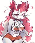 absurd_res anthro bottomwear canid canine chest_tuft clothing epic_games eye_scar eyeliner facial_scar female fortnite fox front_view fur h0t-garbage hi_res hooters hooters_uniform kimiko_five-tails looking_at_viewer makeup mammal multi_tail orange_bottomwear orange_clothing orange_shorts pink_body pink_eyes pink_fur scar shirt shorts signature sketch smile tail topwear tuft white_body white_clothing white_fur white_shirt white_topwear