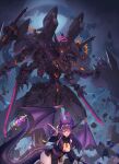  1girl breasts dragon_girl dragon_horns dragon_tail dual_wielding english_commentary fingernails gloves halo highres holding holding_sword holding_weapon horns jewelry large_breasts long_fingernails looking_at_viewer mecha mecha_focus one_eye_closed open_mouth original partially_fingerless_gloves pelvic_curtain pendant pink_nails purple_halo red_eyes robot smile sword syaha tail tail_ornament weapon wide_sleeves 