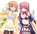  2girls :d :o armor bikini_armor black_pantyhose blue_sleeves blunt_bangs blush bow bowtie breasts brown_horns cleavage commentary_request cowboy_shot crisis_management_form_(machikado_mazoku) curled_horns demon_girl demon_horns demon_tail detached_collar detached_sleeves double-parted_bangs dress hair_between_eyes hand_up highres horns koisuru_asteroid konohata_mira long_hair long_sleeves looking_at_viewer ma_tsukasa machikado_mazoku medium_breasts multiple_girls navel open_mouth orange_hair pantyhose pink_eyes pink_hair red_bow red_bowtie sakurai_chikage short_dress short_hair smile tail voice_actor_connection waving yellow_dress yellow_eyes 
