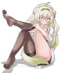  1girl absurdres ahoge animal_ears black_bra black_skirt bra commentary covering_crotch covering_privates ddrawins english_commentary feet ferret_ears ferret_girl ferret_tail glasses gradient_hair gradient_tail green_eyes green_hair green_hairband green_tail hair_between_eyes hairband highres indie_virtual_youtuber lanyard leg_up legs limealicious long_hair looking_at_viewer multicolored_hair office_lady open_clothes open_mouth open_shirt pink-framed_eyewear shirt sitting skirt solo thigh_focus thighhighs thighs toes underwear unworn_lanyard vinesauce virtual_youtuber white_background white_hair white_shirt 