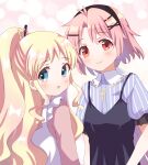  2girls alice_cartelet apron birthday black_headband black_vest blonde_hair blue_eyes collared_shirt commentary_request cross cross_necklace frilled_sleeves frills gakkou_gurashi! hair_ornament headband highres jewelry kin-iro_mosaic long_hair long_sleeves looking_at_viewer ma_tsukasa manga_time_kirara medium_hair multiple_girls necklace open_mouth pink_eyes pink_hair pink_shirt ponytail shirt short_sleeves smile striped_clothes striped_shirt takeya_yuki vest white_apron x_hair_ornament 
