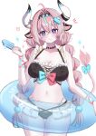  1girl ahoge animal_ears bikini black_bikini bow braid breasts commentary_request cow_ears cow_horns cow_tail food genshin_impact highres holding holding_food holding_popsicle horns innertube large_breasts long_hair mochi_mochi052 navel pink_hair popsicle purple_eyes swim_ring swimsuit tail tail_bow tail_ornament twin_braids varesa_(genshin_impact) white_background 