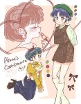  1girl absurdres acco_oekaki arms_behind_back bandana bell-bottoms beret black_boots blue_hair blue_pants boots brown_dress brown_eyes character_name closed_eyes closed_mouth commentary cosmetics dress earrings floral_print_shirt green_hat hat highres holding holding_lipstick_tube jewelry juliet_sleeves lipstick_tube long_sleeves pants pink_background puffy_sleeves ranma_1/2 red_bandana shirt short_hair smile tendou_akane watermark white_boots yellow_shirt 