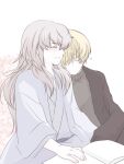  2boys alternate_hairstyle blonde_hair commentary_request fire_emblem fire_emblem_fates grey_hair highres leaning_on_person leo_(fire_emblem_fates) long_hair male_focus multiple_boys nknaxs smile takumi_(fire_emblem) yaoi 