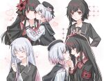  2girls ^_^ alternate_hair_length_(longer) alternate_hair_length_(shorter) alternate_hairstyle artist_request black_hair black_shirt chinese_commentary closed_eyes closed_mouth commentary_request commission eye_contact face-to-face flower hair_flower hair_ornament hairstyle_switch hand_on_another's_chin heart highres kiss kissing_cheek long_hair long_sleeves looking_at_another looking_at_viewer mahou_shoujo_no_majo_saiban multicolored_hair multiple_girls multiple_views necktie nikaido_hiro open_mouth pink_eyes profile red_eyes red_flower red_necktie sakuraba_ema second-party_source shirt short_hair smile surprised upper_body white_background white_hair yuri 