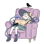  1girl animal_on_lap bird black_boots black_cat black_hat blush boots bow buttons cat cat_on_lap closed_eyes collared_shirt commentary_request couch diamond_button disembodied_linked_eye eyeball frilled_shirt_collar frilled_sleeves frills full_body green_hair green_skirt hat hat_bow heart heart_of_string highres kaenbyou_rin kaenbyou_rin_(cat) koishi_day komeiji_koishi long_sleeves multiple_tails on_couch on_lap open_mouth reiuji_utsuho reiuji_utsuho_(bird) shirt sitting skirt tail touhou translated two_tails wide_sleeves yamanakaume yellow_bow yellow_shirt 