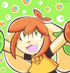  2018 :d aliasing anthro apple_idiot arms_above_head basset_hound black_clothing bracelet canine clothed clothing dog eyelashes fangs female floppy_ears freedom_planet freedom_planet_2 fur green_background green_eyes hair jewelry long_ears looking_at_viewer mammal milla_basset open_mouth orange_hair orange_nose short_hair signature simple_background solo tan_fur video_games yellow_clothing 