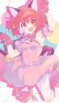  1girl :d animal_ears bell blush boots bow breasts cat_ears cat_girl cat_tail choker commentary_request detached_sleeves dress fang gloves highres looking_at_viewer magical_girl mew_ichigo momomiya_ichigo open_mouth paw_pose pink_dress pink_eyes pink_hair sak_(saku6sak) short_hair smile solo standing standing_on_one_leg tail tail_bell tail_bow tail_ornament tokyo_mew_mew tokyo_mew_mew_new 