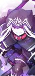  abigail_williams_(fate/grand_order) absurdres animal_hood bad_id bad_twitter_id black_capelet black_leotard capelet collar commentary_request cosplay fate/grand_order fate_(series) glowing glowing_eyes grin highres hood hood_up hooded_capelet leotard long_hair looking_at_viewer medusa_(lancer)_(fate) medusa_(lancer)_(fate)_(cosplay) purple_hair red_collar rider sharp_teeth silver_hair smile solo teeth very_long_hair wada_kazu 