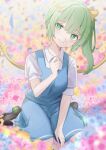  1girl absurdres blue_flower blue_skirt blue_vest blurry bow closed_mouth collared_shirt commentary_request daiyousei depth_of_field fairy fairy_wings field flower flower_field flower_request green_eyes green_hair hair_bow highres katsukare long_hair looking_at_viewer one_side_up pink_flower puffy_short_sleeves puffy_sleeves seiza shirt shoes short_sleeves sitting skirt smile socks solo touhou vest white_shirt white_socks wings yellow_bow yellow_flower 