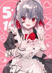  1girl apron bandaid bandaid_on_face black_dress blush bow bowtie colored_inner_hair commentary_request dress four-finger_heart_hands grey_hair heart heart_hands highres mahou_shoujo_no_majo_saiban maid maid_apron maid_headdress meimei_(meimei89008309) multicolored_hair open_mouth red_bow red_bowtie red_eyes red_hair shito_alisa short_hair short_sleeves solo sweatdrop white_apron white_headdress 