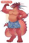 2026 absurd_res anthro belly blue_eyes blue_frill blue_tongue bodily_fluids boxers_(clothing) boxers_only clothed clothing colored dialogue digital_media_(artwork) digitigrade dragon emanata english_text fish_print frill_(anatomy) fungiteh head_crest head_frill hi_res horn light lighting male membrane_(anatomy) membranous_frill musclegut muscular muscular_anthro muscular_male mythological_creature mythological_scalie mythology nervous partially_clothed pattern_boxers pattern_clothing pattern_underwear pecs pupils red_body red_scales red_spikes scales scalie shaded smile solo speech_bubble spiked_arms spiked_elbows spiked_tail spikes spikes_(anatomy) standing stripes sweat tail teeth text thick_tail tongue topless underwear underwear_only white_pupils