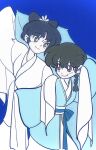  2girls black_hair blue_background blue_hair blue_kimono braid brown_eyes chinese_zodiac closed_mouth commentary highres japanese_clothes kimono luuxiriver multiple_girls ranma_1/2 saotome_ranma saotome_ranma_(female) short_hair single_braid tagme tendou_akane white_kimono year_of_the_snake 