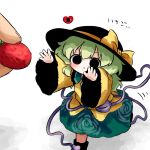  1girl 1other black_boots black_eyes black_hat boots bow buttons collared_shirt commentary diamond_button disembodied_linked_eye eyeball floral_print food frilled_shirt_collar frilled_sleeves frills fruit green_hair green_skirt hat hat_bow heart heripantomorrow holding holding_food holding_fruit komeiji_koishi long_hair long_sleeves mini_person minigirl print_skirt rose_print shirt skirt solo_focus strawberry touhou translated wide_sleeves yellow_bow yellow_shirt 