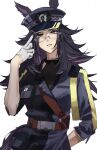  1girl animal_ears black_hair black_jacket black_shirt breasts commentary_request ears_through_headwear fenomeno_(black_flames_of_the_righteous_spirit)_(umamusume) fenomeno_(umamusume) flipped_hair glasses gloves harness hat highres horse_ears horse_girl horseshoe_hat_ornament horseshoe_ornament jacket kago1zq long_hair long_sleeves looking_at_viewer medium_breasts multicolored_hair parted_lips peaked_cap purple_eyes purple_hair shirt simple_background umamusume white_background white_gloves 