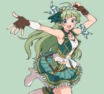  1girl :d ahoge arms_up blue_eyes boots breasts brown_collar brown_gloves collar commentary_request dated fingerless_gloves gloves green_background green_hair green_skirt green_vest hairband high_heel_boots high_heels highres idolmaster idolmaster_million_live! idolmaster_million_live!_theater_days layered_skirt leg_up long_hair official_alternate_costume open_mouth shimabara_elena shirt simple_background skirt smile solo standing standing_on_one_leg striped_clothes striped_hairband tarako_oniyon vest white_boots white_shirt 