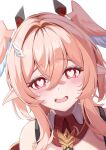  1girl blush collar commentary_request detached_collar genshin_impact hair_between_eyes head_wings heart heart-shaped_pupils highres linnea_(genshin_impact) looking_at_viewer moni_(moni7475) open_mouth pink_hair pointy_ears red_collar red_eyes simple_background solo symbol-shaped_pupils upper_body white_background wings 