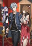  1boy 3girls angry belle_(zenless_zone_zero) black_jacket breasts brother_and_sister closed_eyes commentary_request cracked_skin dress earrings grey_hair highres jacket jewelry long_hair movie_theater multiple_girls nao_(naoooo_a) open_clothes pink_dress siblings vivian_banshee white_dress wise_(zenless_zone_zero) ye_shunguang ye_shunguang_(touch_of_dawnlight) zenless_zone_zero 