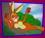 alternate_version_at_paywall anthro bedroom_eyes bow_ribbon breasts brown_body brown_eyes brown_fur buckteeth cadbury cadbury_bunny candy caramel_(food) casual_nudity chocolate chocolate_bar dessert digital_drawing_(artwork) digital_media_(artwork) featureless_breasts featureless_crotch female food fur gavanzude grass half-closed_eyes hi_res lagomorph leporid lying mammal mascot multicolored_body multicolored_fur narrowed_eyes nude on_side pink_nose plant rabbit seductive shrub signature smug solo teeth tree two_tone_body two_tone_fur