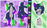  anthro blue_body blue_eyes blue_fur canid canine canis chastity_cage chastity_cage_only chastity_device chastity_device_only fur genitals green_body green_fur grey_body grey_fur hi_res male mammal model_sheet morcyd_(character) nude pawpads penis penis_tip permanent_chastity_cage pink_pawpads purple_body purple_fur solo wearing_chastity_cage wearing_chastity_device wishi_fishi wolf 