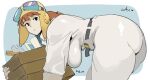  1girl ass belt bent_over black_eyes bodysuit box breasts bronwyn ettone hanging helm helmet highres holding holding_box kaze_no_tani_no_nausicaa large_breasts long_hair nausicaa solo wrench 