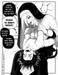  1boy 1girl adoptive_parent_and_adoptive_child bloodlight_(nyantcha) breasts closed_eyes commentary english_commentary english_text hair_over_one_eye happy highres holding_hands large_breasts lazarus_(nyantcha) long_hair mature_female mother_and_child mother_and_son nun nun_headdress nyantcha parent_and_child playing scar scar_across_eye scar_on_face sister_almonde_(nyantcha) sitting sitting_on_lap sitting_on_person smile speech_bubble 