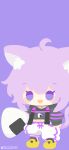  1girl absurdres ahoge animal_ears black_hoodie cat_ears cat_girl cat_tail commentary_request food highres hololive hood hoodie jewelry midriff navel necklace nekomata_okayu nekomata_okayu_(1st_costume) onigiri pants purple_background purple_eyes rizu_(rizunm) shoes simple_background solo standing tail virtual_youtuber white_pants yellow_shoes 