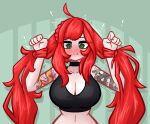  ! 1girl @_@ ahoge arm_tattoo black_sports_bra blush bound bound_wrists breasts choker cleavage closed_mouth commentary elly_(1st_costume)_(vtuber) elly_(vtuber) english_commentary green_background green_eyes highres indie_virtual_youtuber large_breasts limebreaker long_hair red_hair sports_bra sweat tattoo twintails virtual_youtuber 