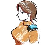  1girl black_eyes bodysuit breasts brown_hair closed_mouth colored_skin commentary_request expressionless from_side hair_behind_ear imotyo_79 jacket looking_down medium_breasts mii_(nintendo) mii_gunner mii_gunner_(smash_4) orange_jacket orange_sweater short_hair simple_background solo super_smash_bros. sweater turtleneck turtleneck_sweater upper_body white_background white_skin 